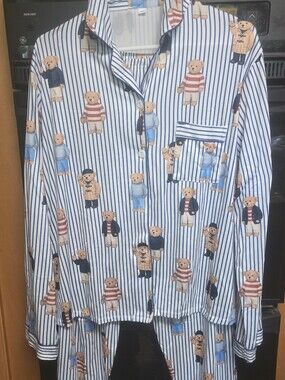 Teddy Bear Preppy Cozy Fresh Lounge Blue Stripe Pajama XL Classic Button Front